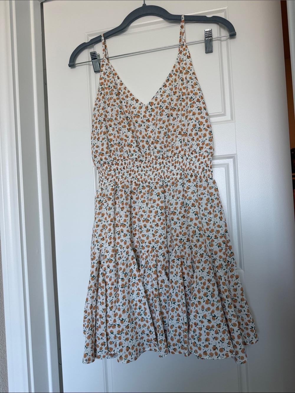 Smocked V-Neck Mini Dress in Cream with Orange Floral Print